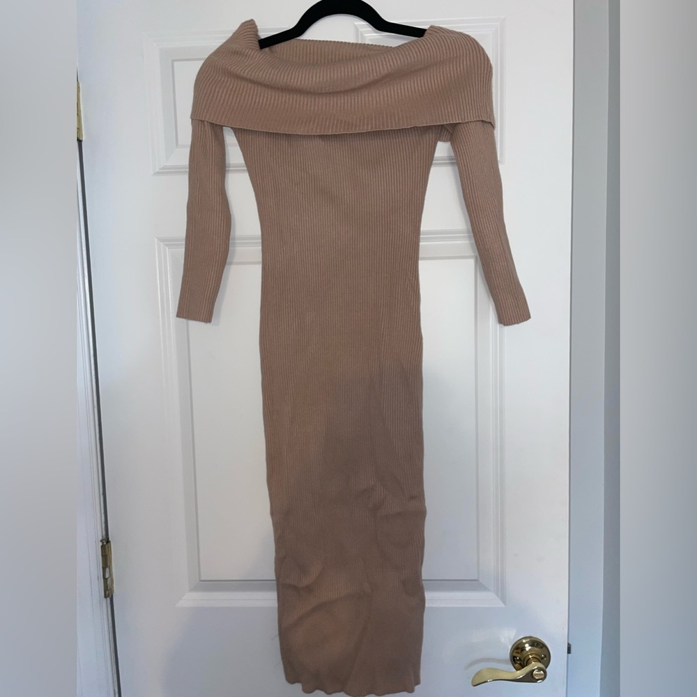 Beige Knit Dress - Off The Shoulder